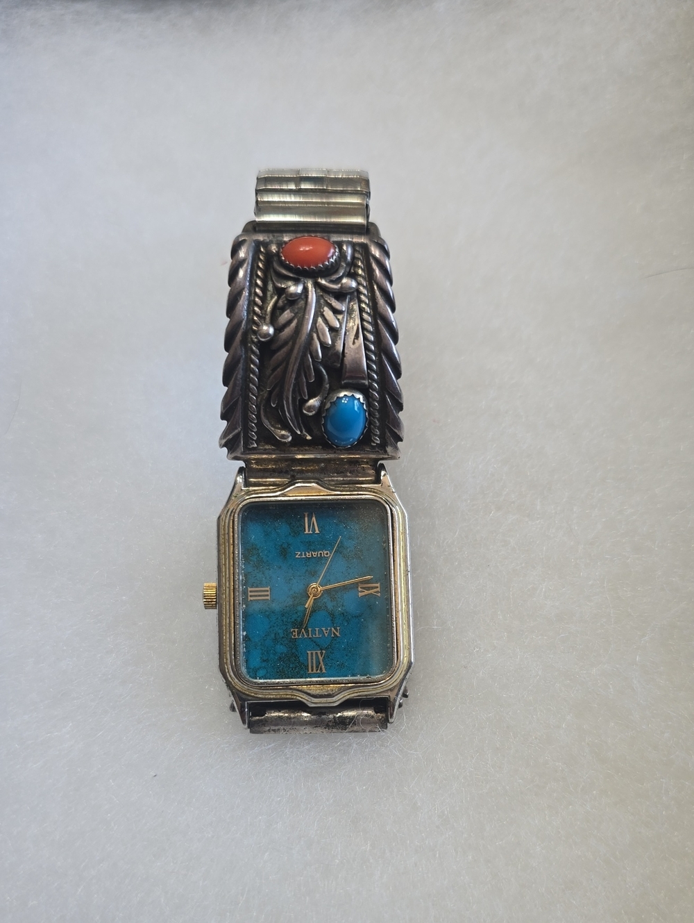 Native Turquoise Dial Silver Bracelet Watch with Coral and Turquoise Accents